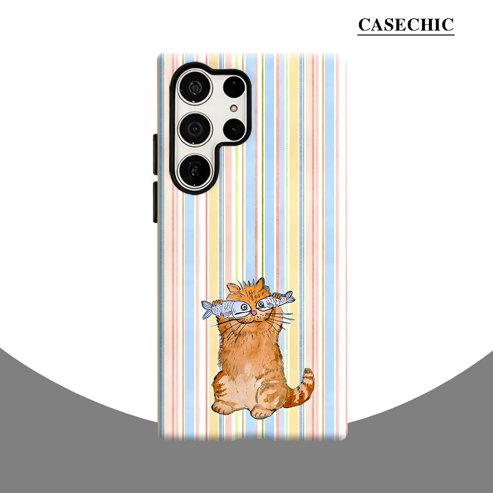 Phone Cases Galaxy S25 - Funny Cat With Fish Stripe Phone